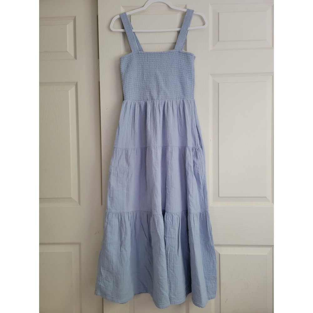 Quince Organic Cotton Gauze Smocked Tiered Maxi Dress Light Blue Pockets Small - Picture 3 of 11